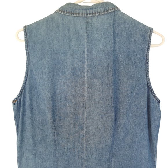 Vintage 90s Chambray Dress Women's 10 Blue Midi Sleeveless Button Front Cotton - Picture 13 of 14